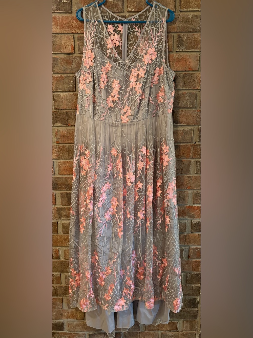 Adrianna Papell Pink Floral Embroidered Gray Sheer Formal Dress